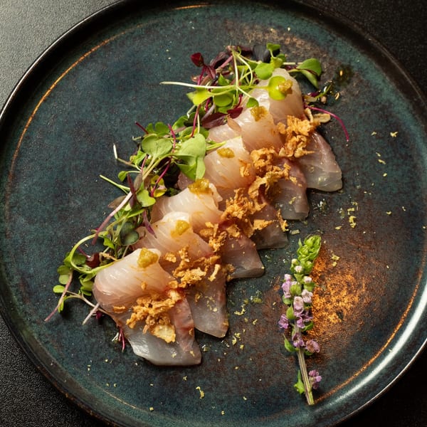 Kase Sake & Sushi's delicate white fish sashimi with microgreens, crispy garlic, and a purple flower.